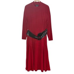 Lennie for Nina Leonard Red Belted Long Sleeve Fit & Flare Knit Midi Dress XL